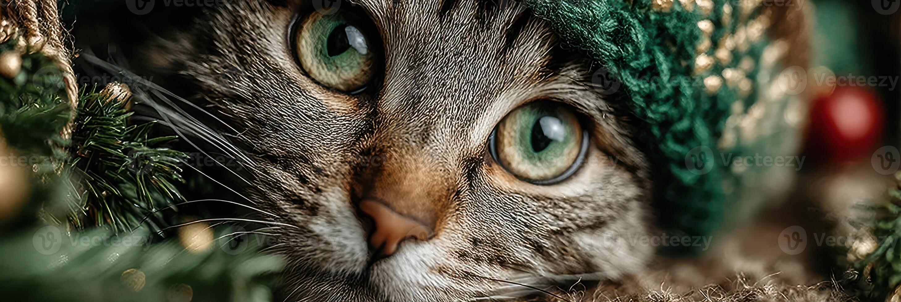 Cat wearing a green hat, resting among holiday decorations, with sparkling eyes and a gentle expression during the festive season photo