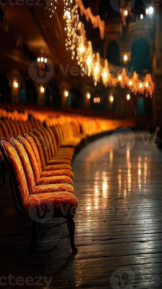 Beautifully arranged vintage chairs create a warm atmosphere in an elegant theater at night photo