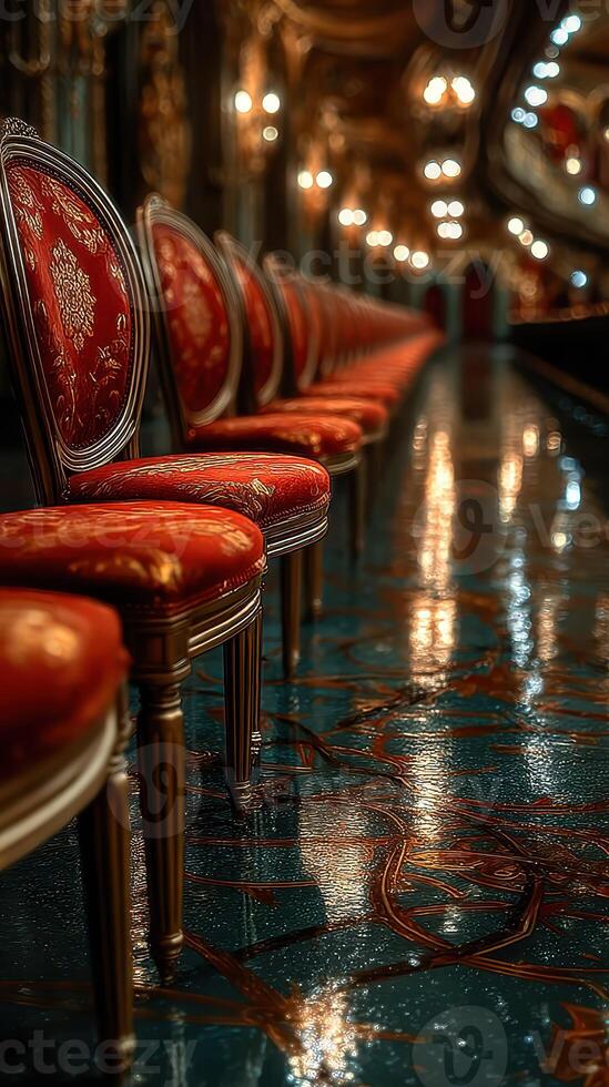 Elegant red chairs line a glossy floor in a grand hall illuminated by soft lights during an evening event photo