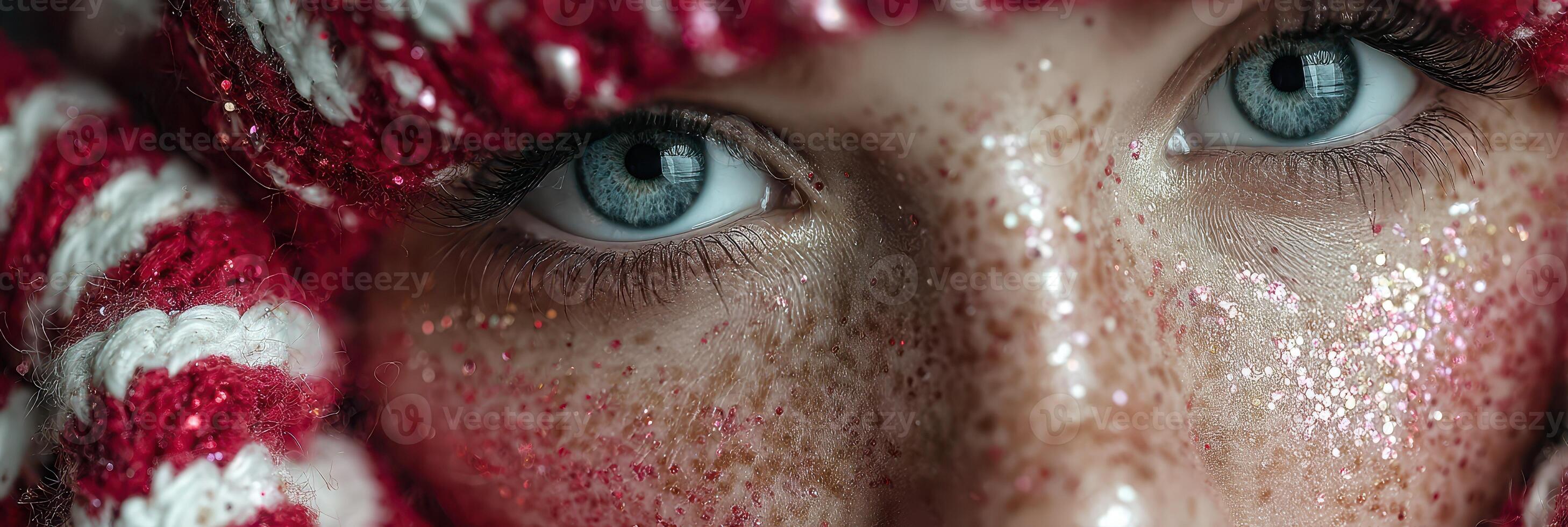 Unique close-up of a person with striking blue eyes, festive makeup, and cozy winter attire in a winter setting photo