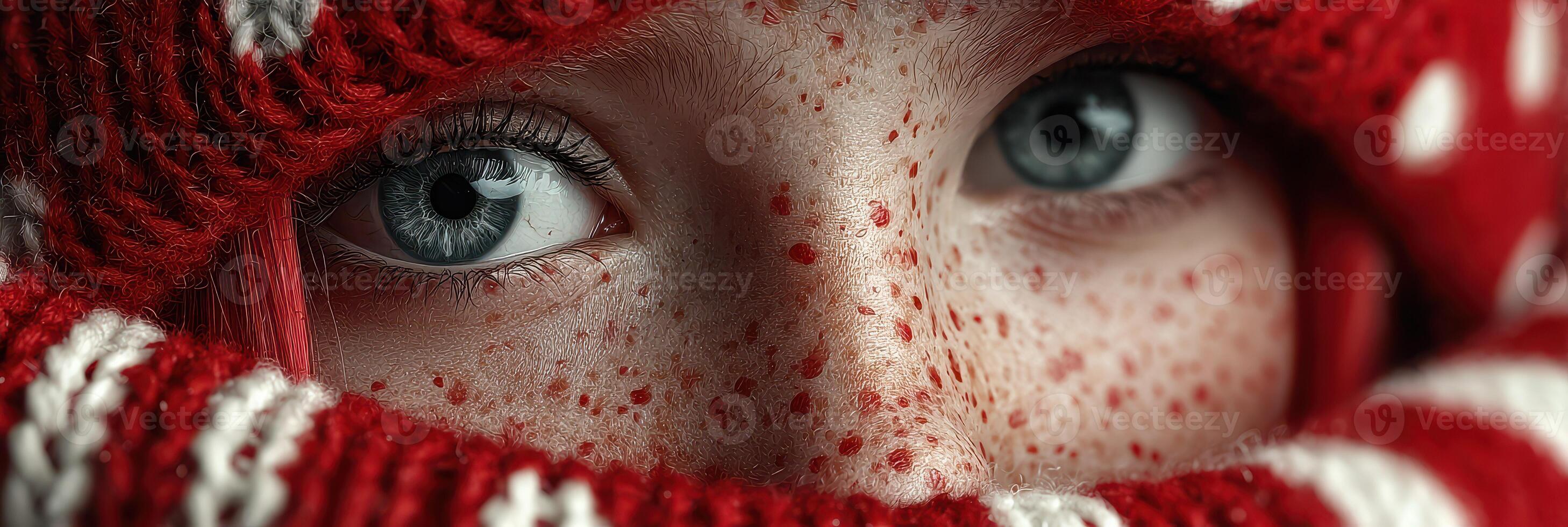 Girl with freckled face wearing red knit hat close-up during winter season photo