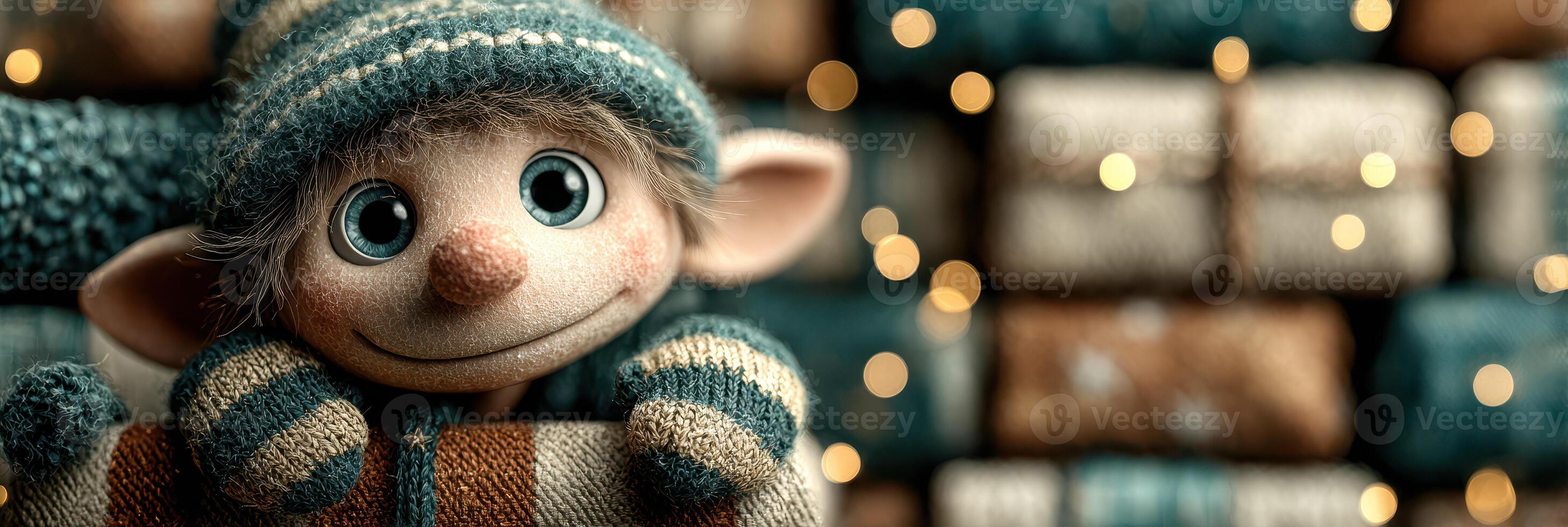 Cute elf character with blue eyes and cozy hat in a festive setting with decorations and warm lights in the background photo
