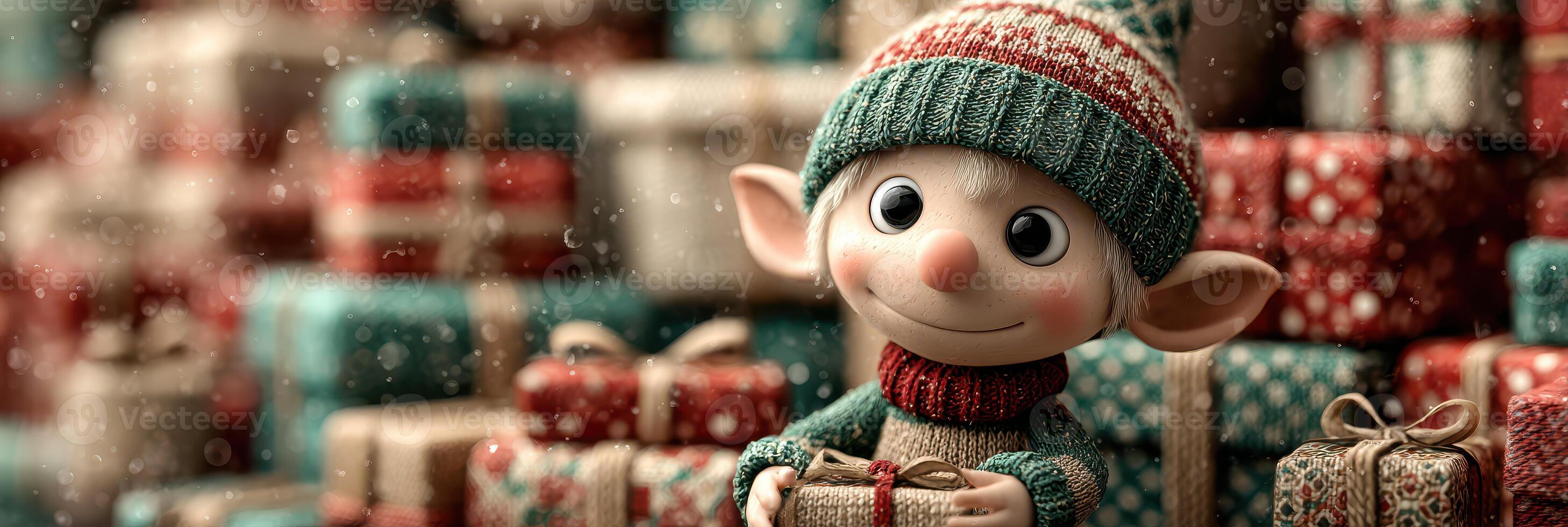 Cheerful elf holding wrapped presents in a festive setting with colorful gift stacks during the holiday season photo