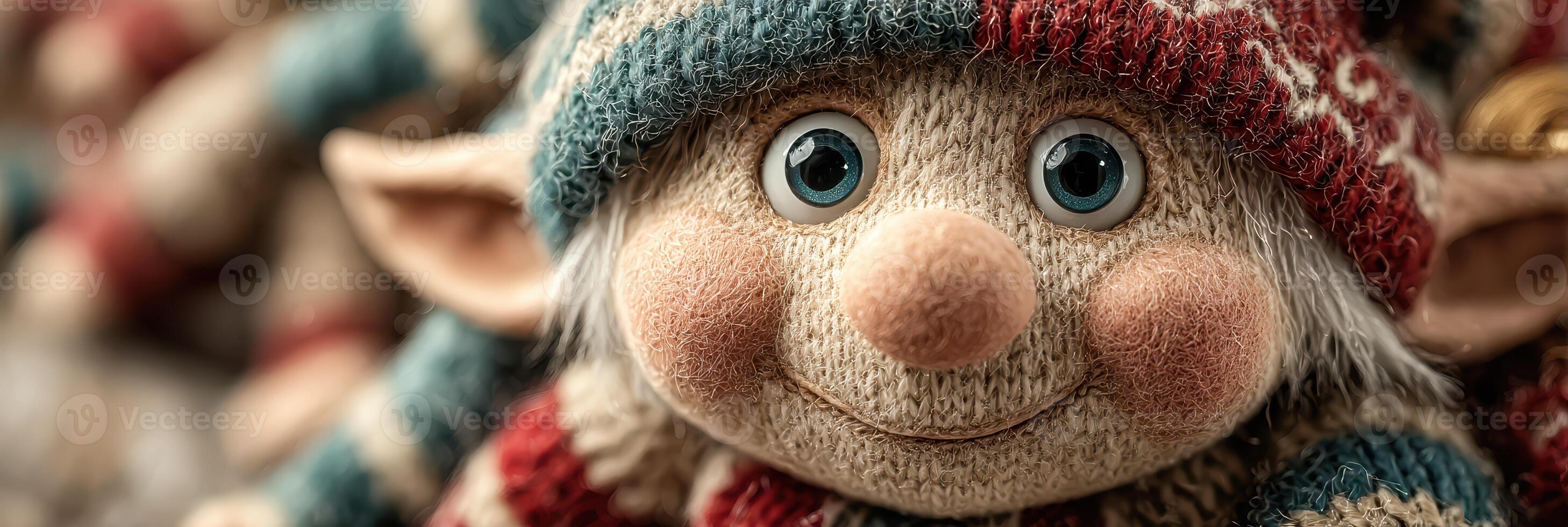Whimsical elf doll in cozy knitted attire displaying a cheerful expression in a festive setting photo