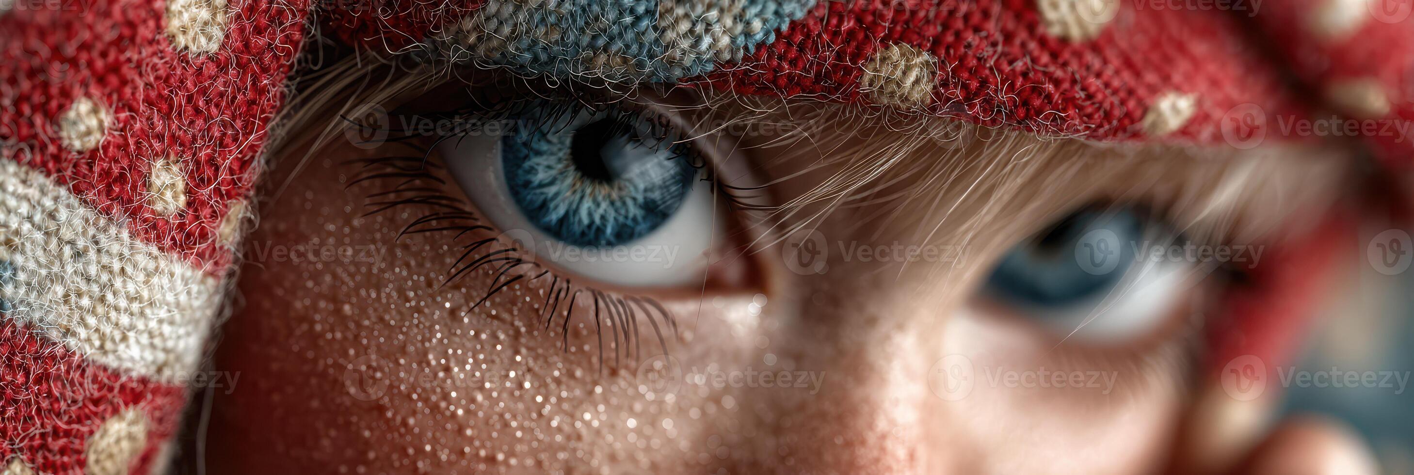 Close-up of a child's mesmerizing blue eyes framed by a red polka dot scarf in a cozy indoor setting during winter photo