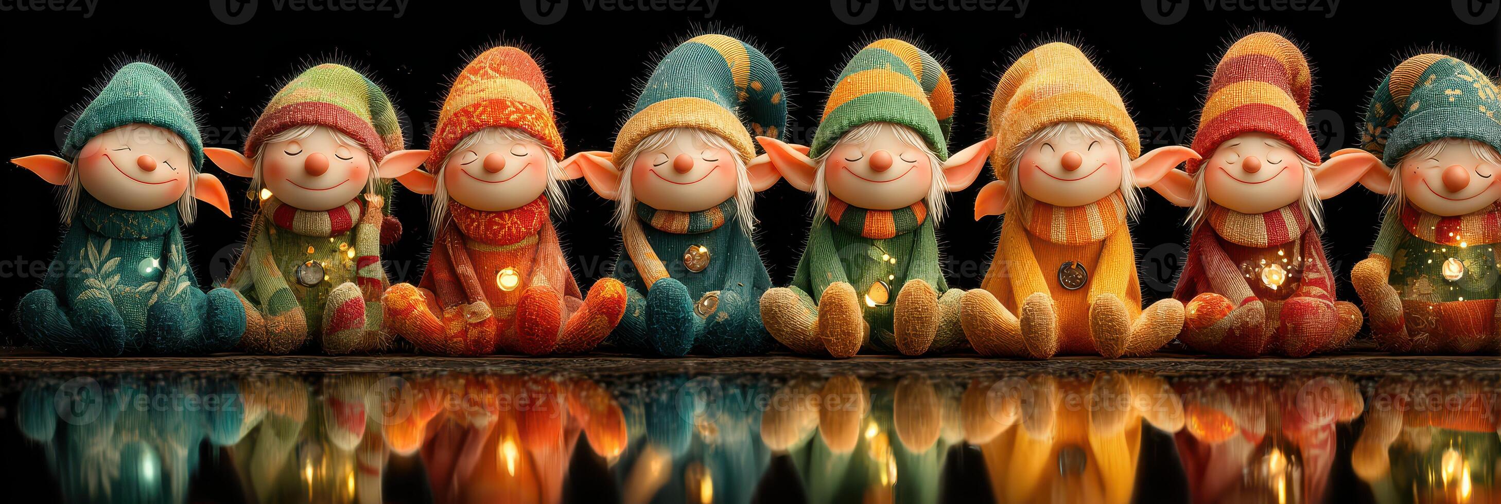 Festive group of colorful elf figurines sitting in a row creating a cheerful atmosphere during the holiday season photo