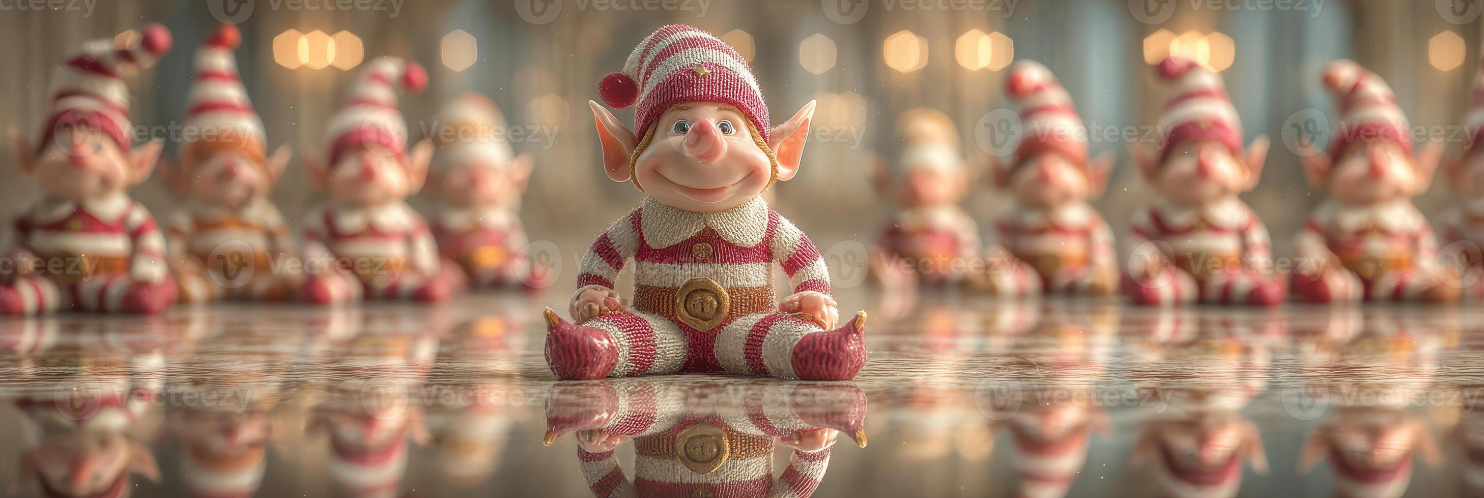 Whimsical gathering of cheerful holiday elves in a festive setting with warm lighting photo