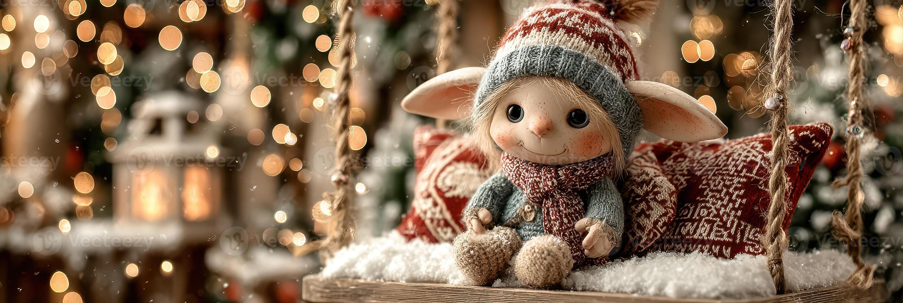 Charming holiday elf doll on a swing surrounded by warm lights and festive decorations indoors photo