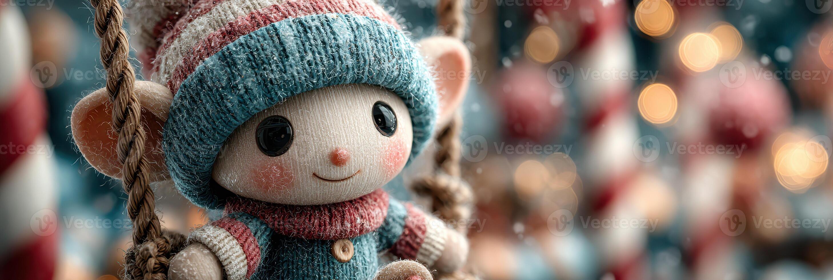 Charming stuffed toy sitting on a swing in a festive winter wonderland with blurred lights in the background photo