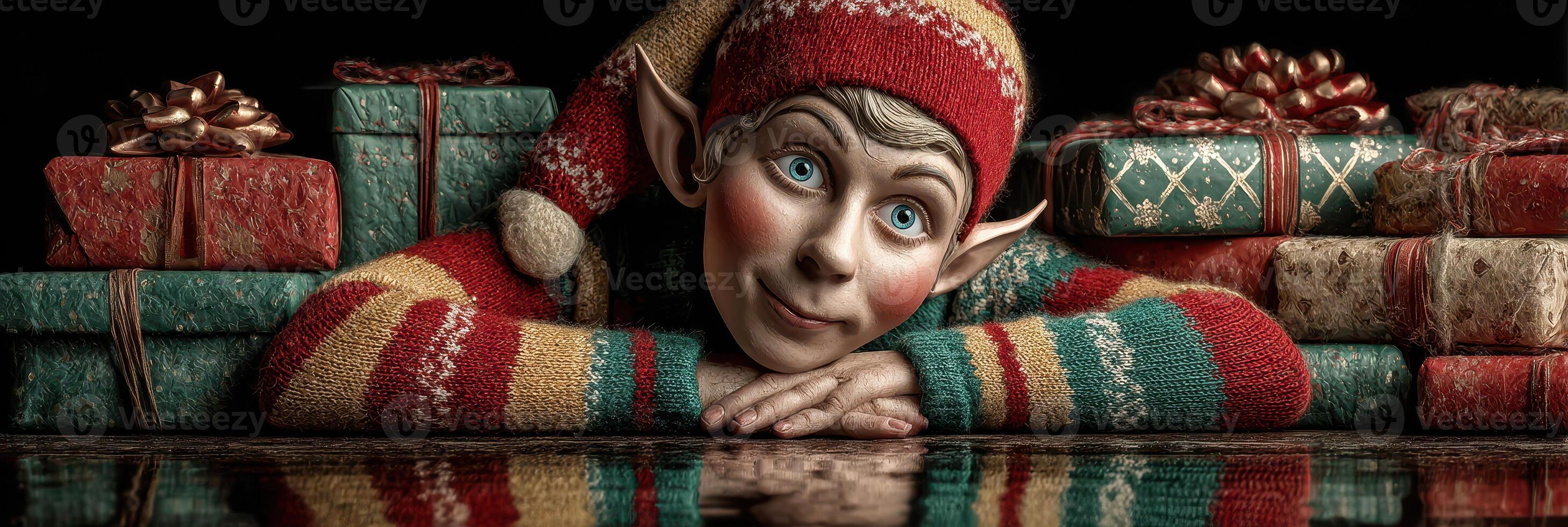 Colorful elf character resting on gifts, printed in beautiful patterns, celebrating the festive season with cheer and joy photo
