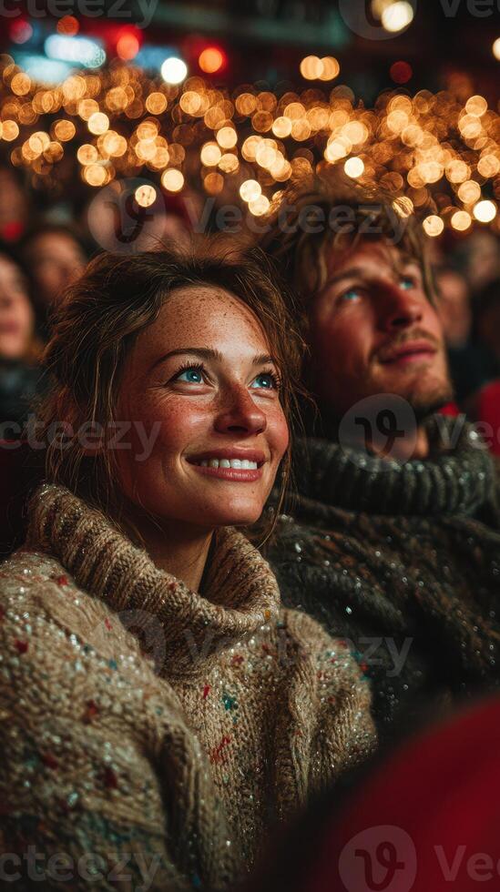 Couple enjoying a cozy evening in a theatre filled with warm lights during a live performance photo