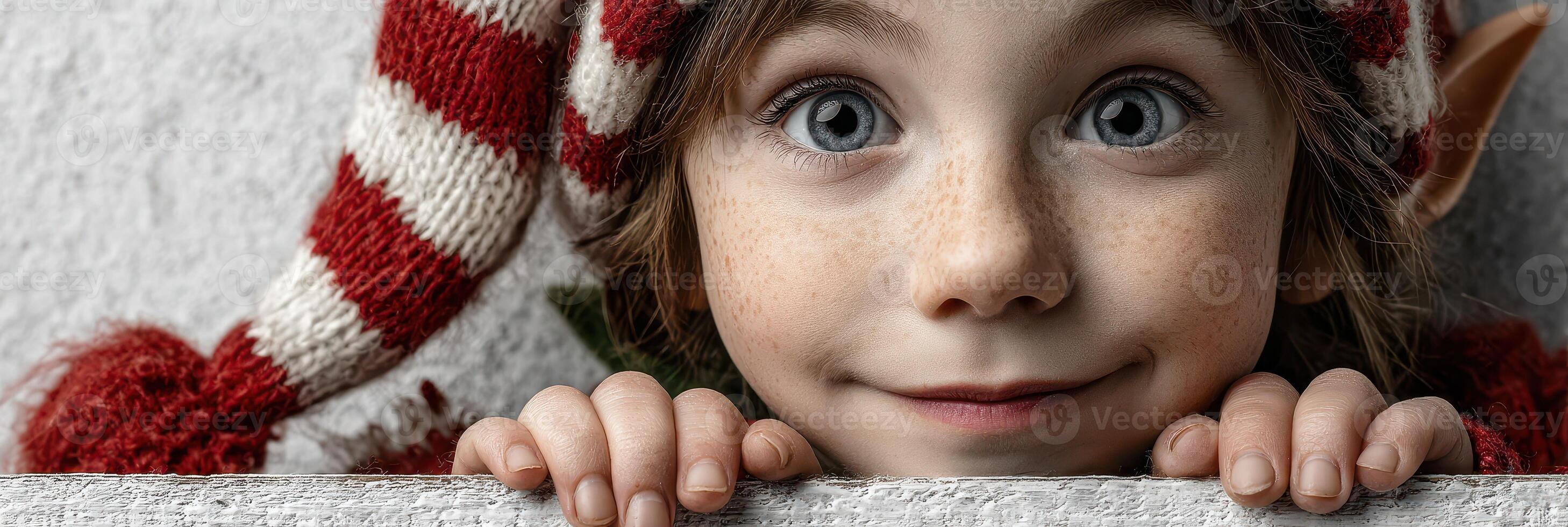 Smiling child dressed as an elf with striped hat in festive setting during winter season photo