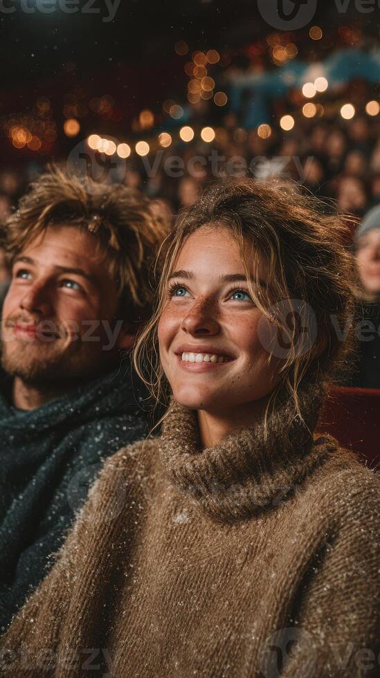 Excitement and joy fill the air at a late-night movie screening in a cozy theater photo