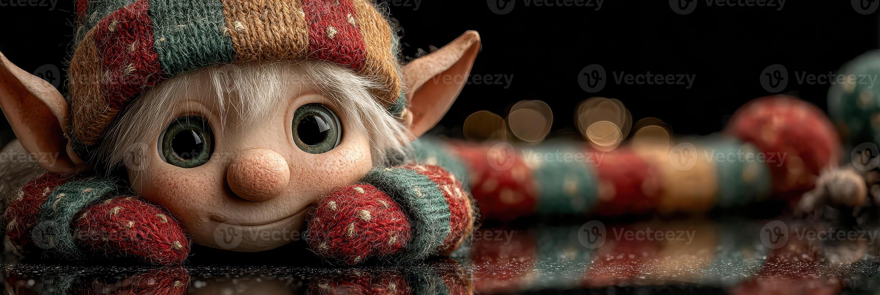 Cute festive elf resting on a shiny surface with a colorful knitted scarf and joyful expression during the holiday season photo
