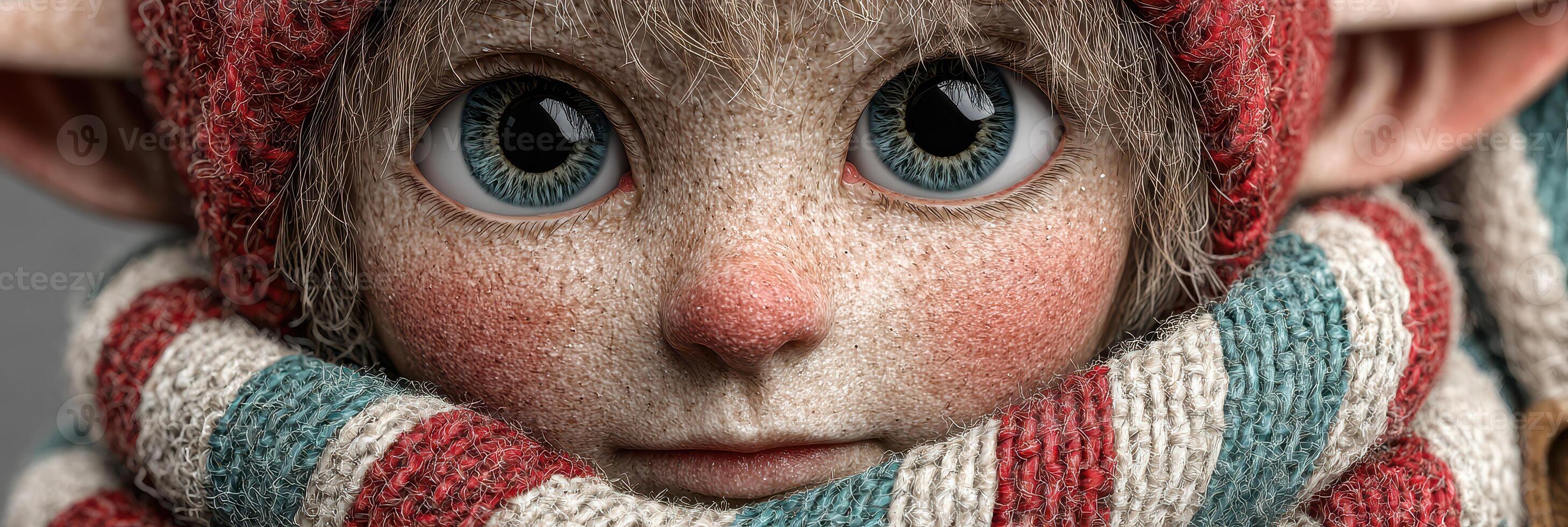 Detailed portrait of a whimsical character wrapped in a striped scarf during wintertime photo