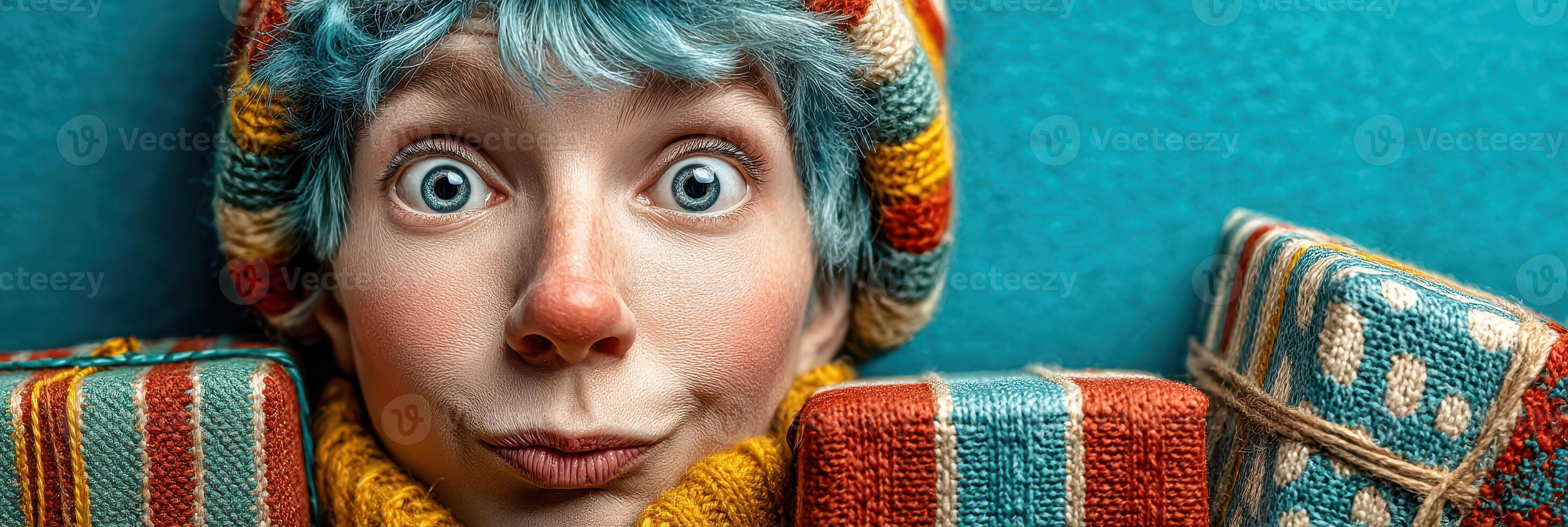 Child with blue hair and colorful hat joyfully posing with wrapped gifts against a bright blue background photo