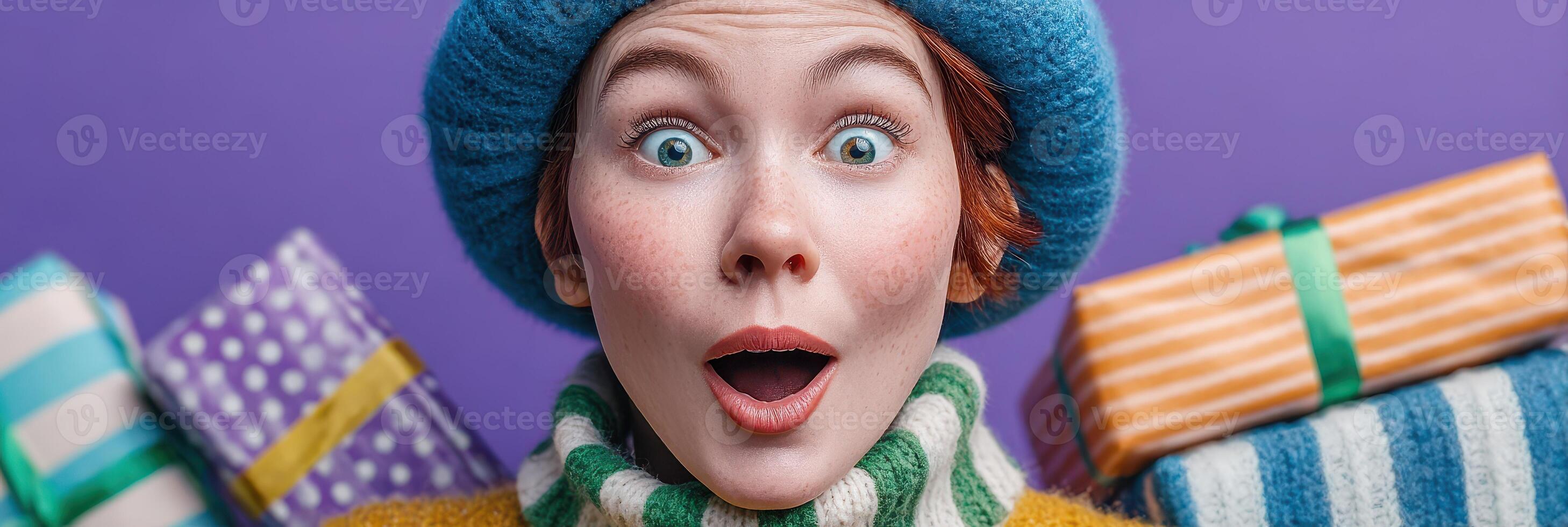 Excitement and joy are expressed by a girl in winter attire surrounded by colorful gifts during the holiday season photo