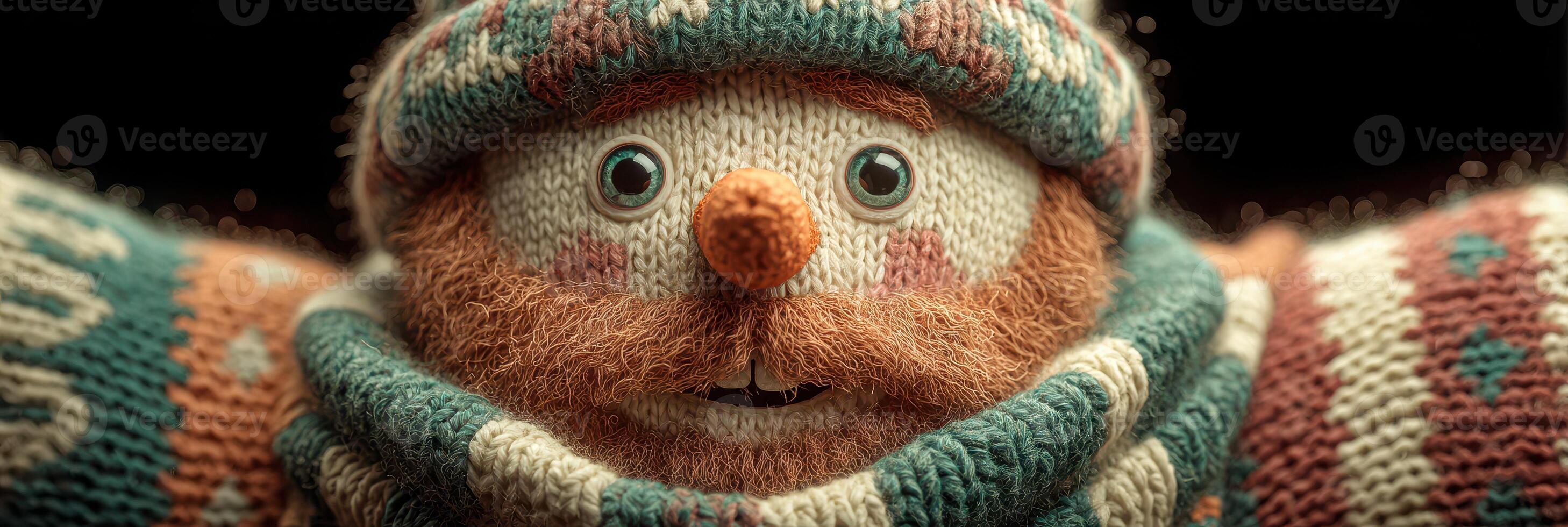 Festive knitted character with cheerful expression in cozy winter attire during holiday season photo