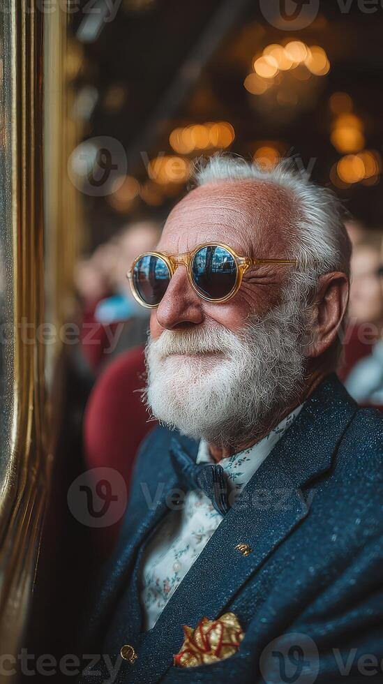 Elderly man wearing sunglasses enjoys a special event inside a grand venue filled with elegant decorations and lively audience photo
