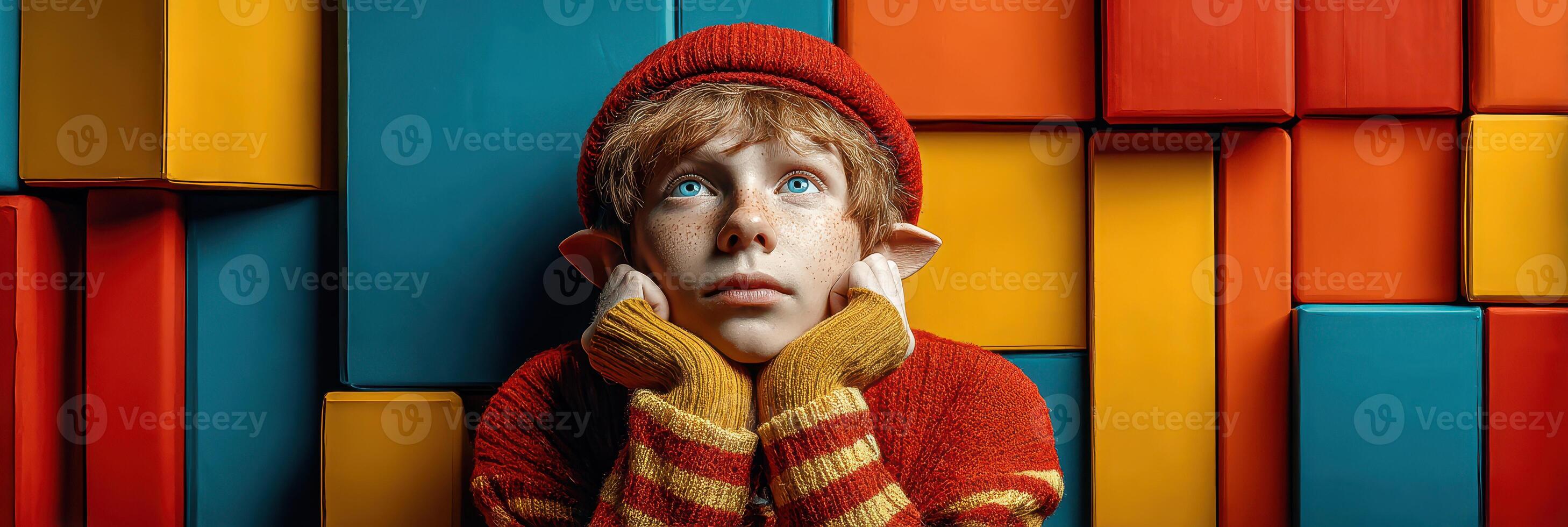Young boy in colorful sweater and hat ponders amidst vibrant geometric blocks in a playful indoor setting photo