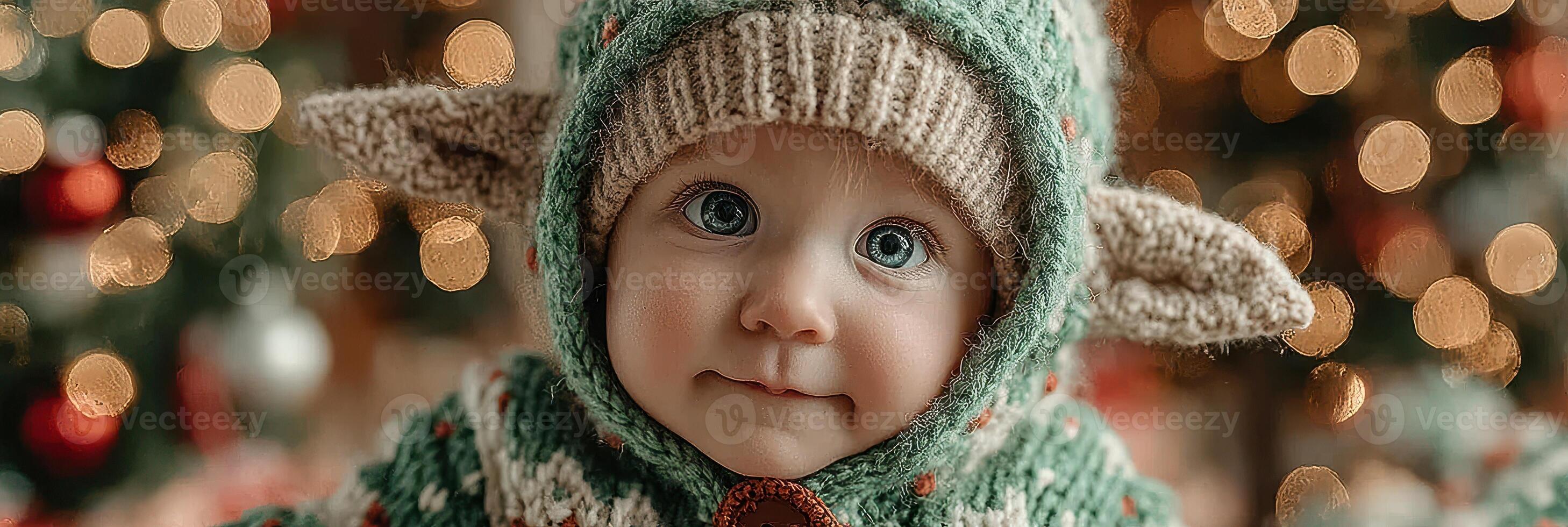 Child in festive attire smiling at the camera with blurred holiday decorations in the background during winter time photo