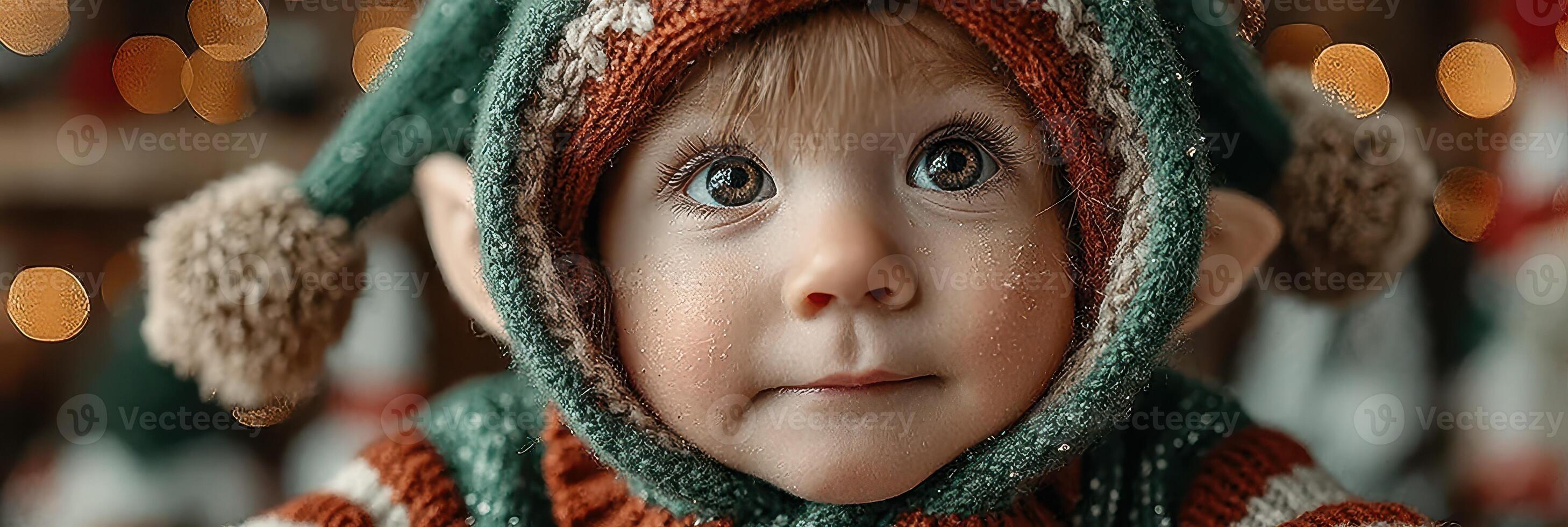 Cute child dressed as an elf during winter festivities in a cozy indoor setting filled with holiday decorations photo