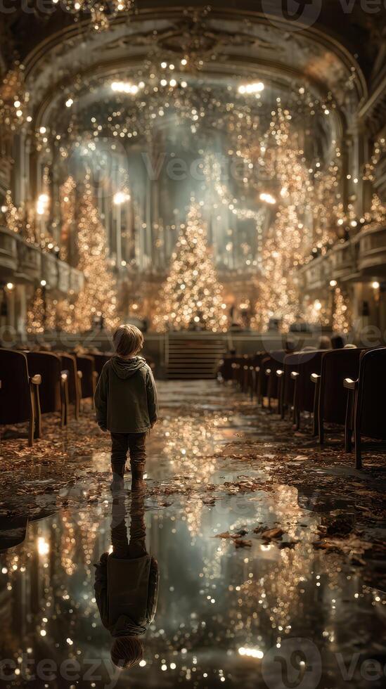 Child gazes in wonder at festive decorations in ornate hall during Christmas season photo