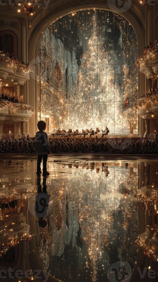 Child gazes in awe at a sparkling holiday concert in a grand auditorium filled with lights and reflections photo
