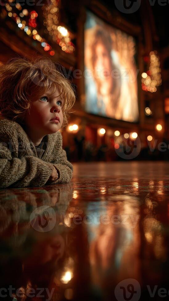 Child gazes in awe at large screen display during festive gathering in cozy indoor setting photo