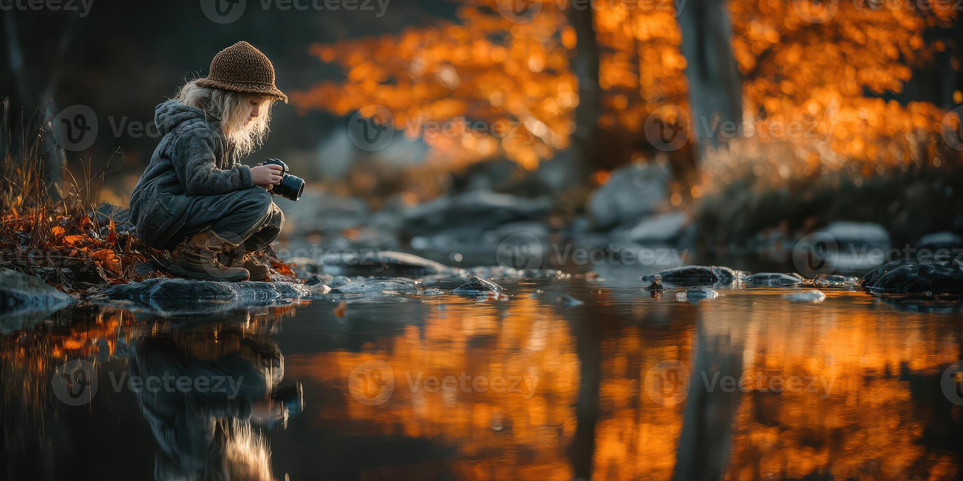 Child capturing autumn reflections by the river during golden hour, surrounded by vibrant foliage photo