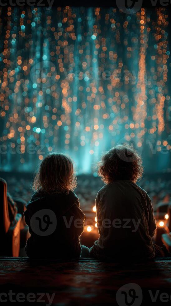 Children gaze at a magical light display in the evening, experiencing wonder and joy together photo