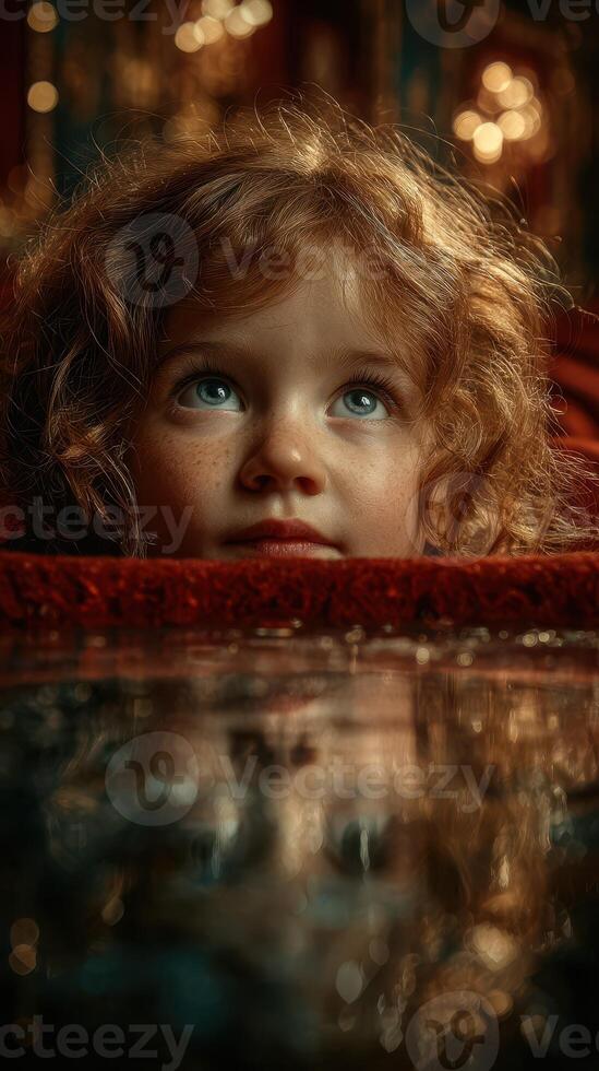Child gazes thoughtfully at reflections in water during evening ambiance photo