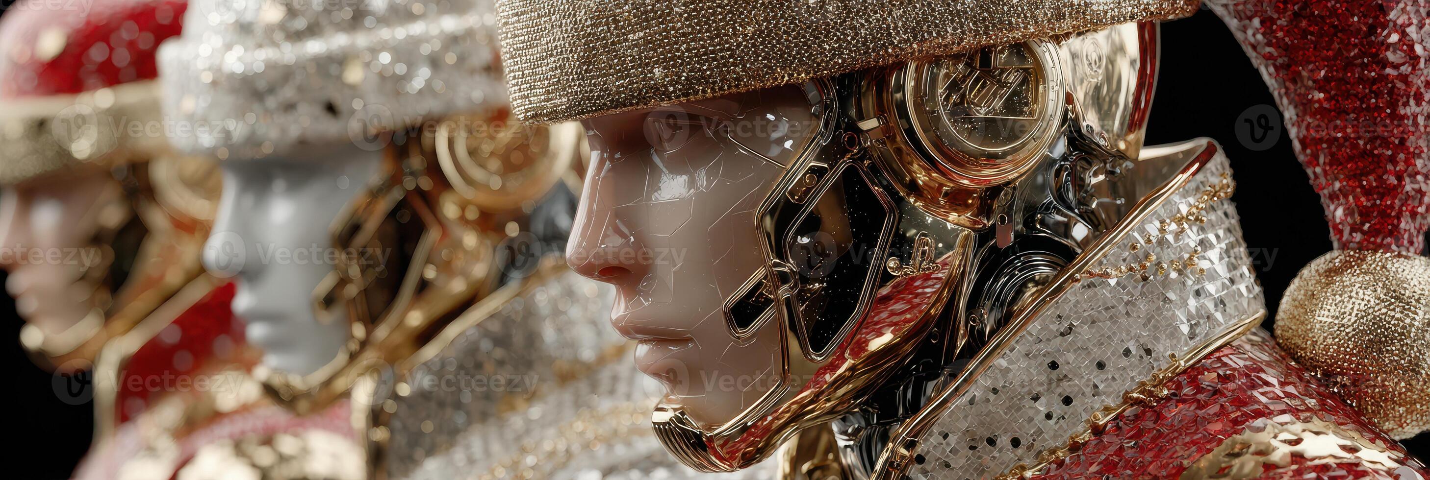 Elegant robotic mannequins display intricate designs at a fashion exhibition in a modern gallery photo