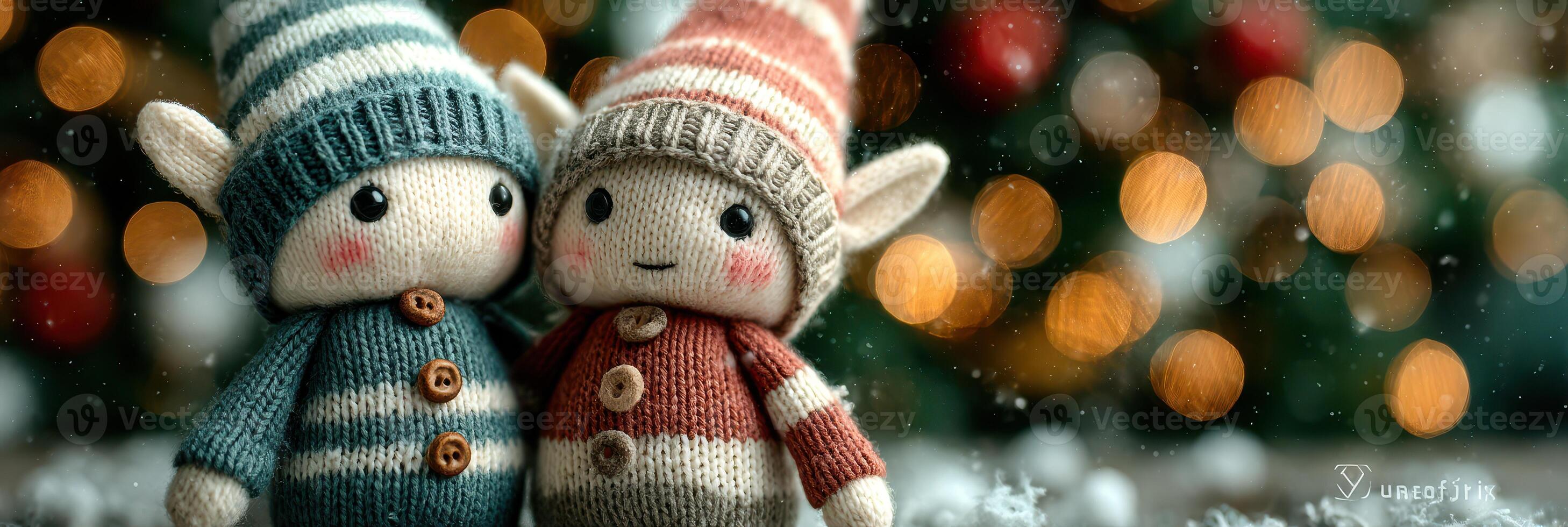 Adorable knitted elves standing together amidst festive decorations during the holiday season photo