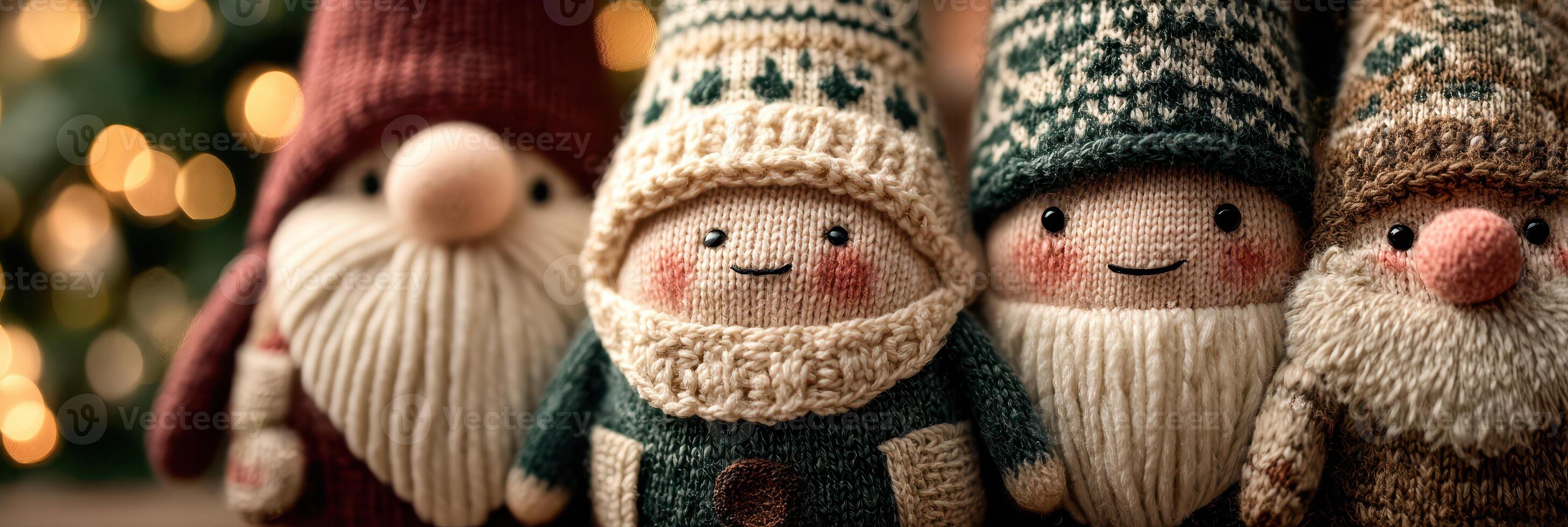 Cozy holiday decorations featuring handmade gnome figures with cheerful expressions set against a festive backdrop photo