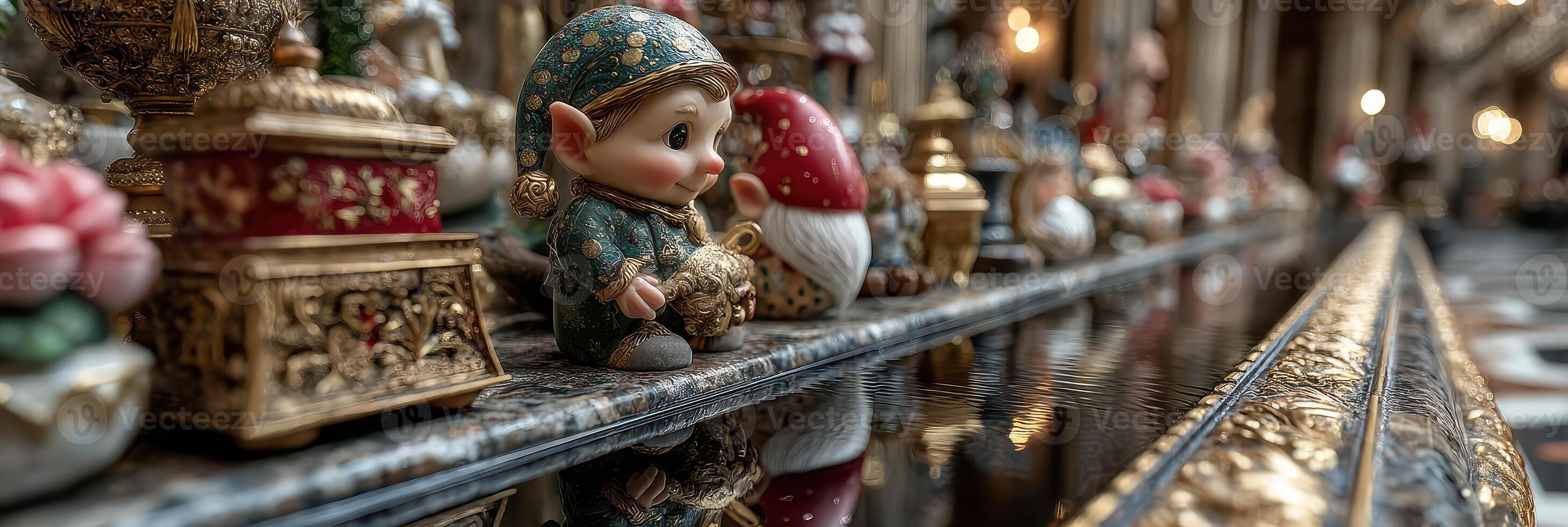 Collectible figurines displayed on an ornate table in an elegant setting during the late afternoon photo