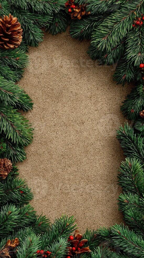 Festive holiday decoration featuring evergreen branches and pine cones on a textured background photo