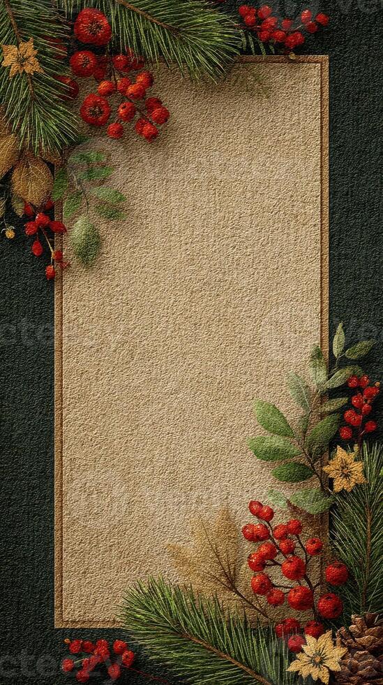 Holiday-themed decorative border with greenery and berries for seasonal greetings or invitations photo
