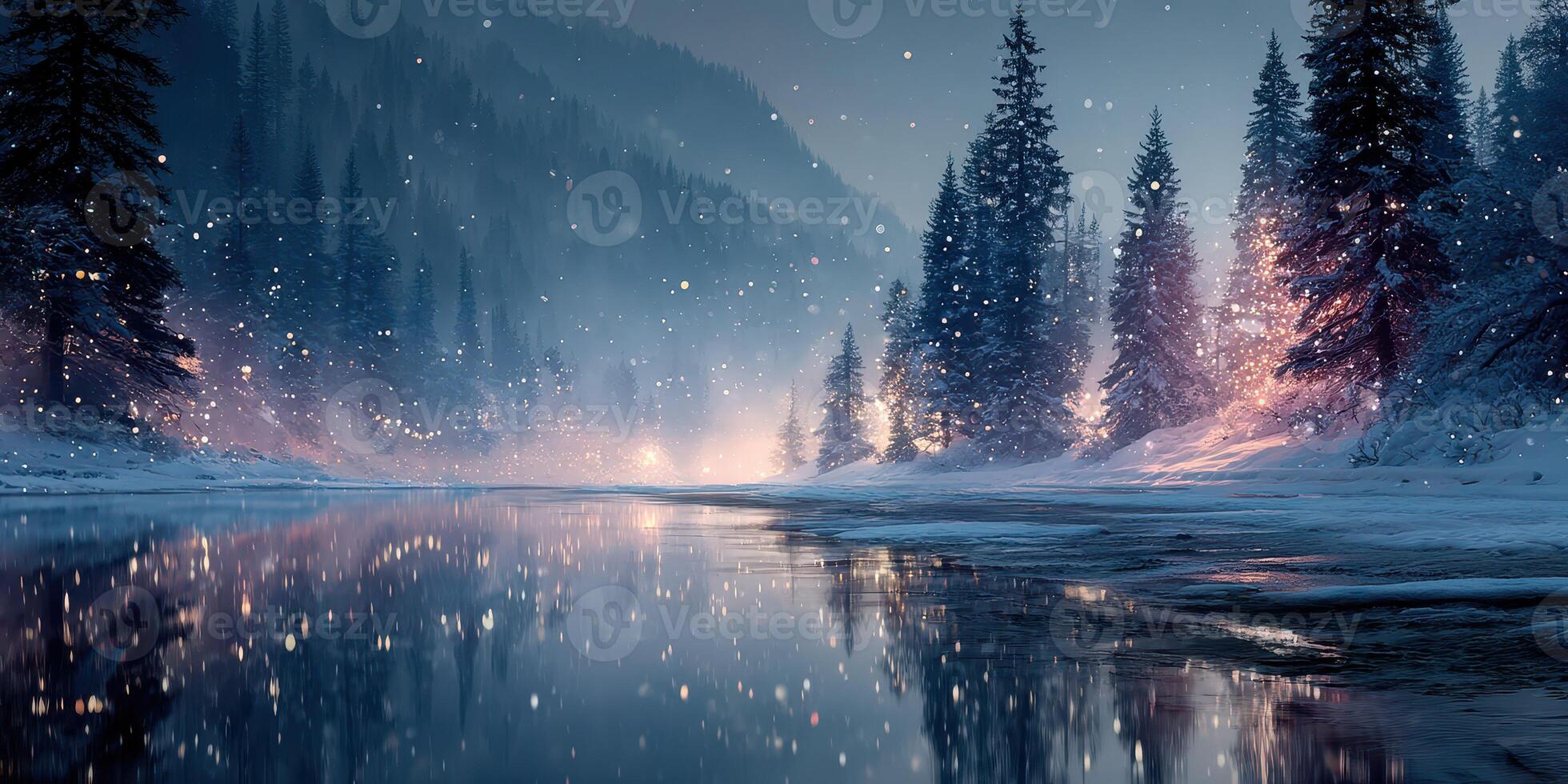 Winter landscape with snow falling over a serene river in a forest during twilight hours photo