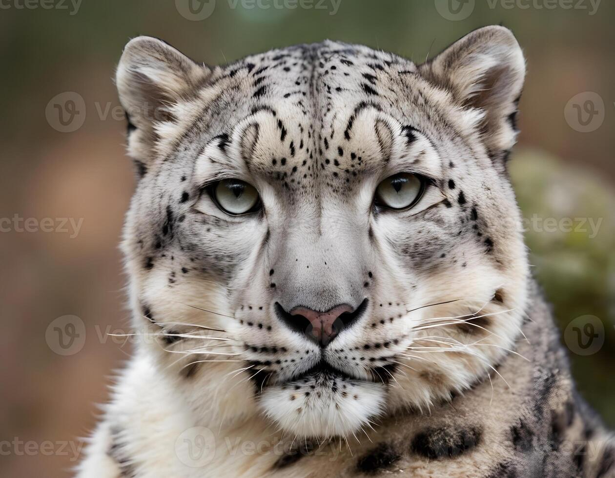 Close portrait of Snow leopard close-up in winter forest, wild life photo