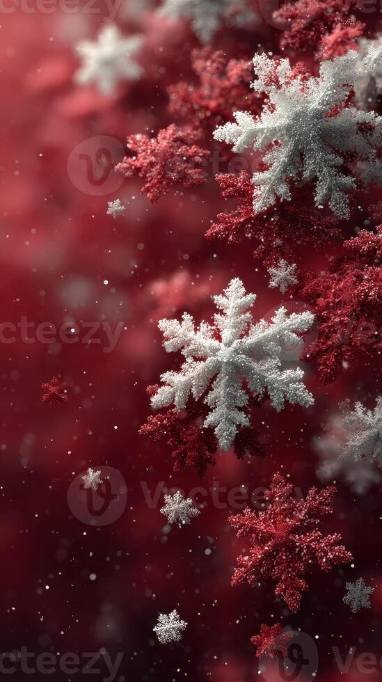 Beautiful snowflakes fall gracefully against a rich red background creating a winter wonderland atmosphere photo