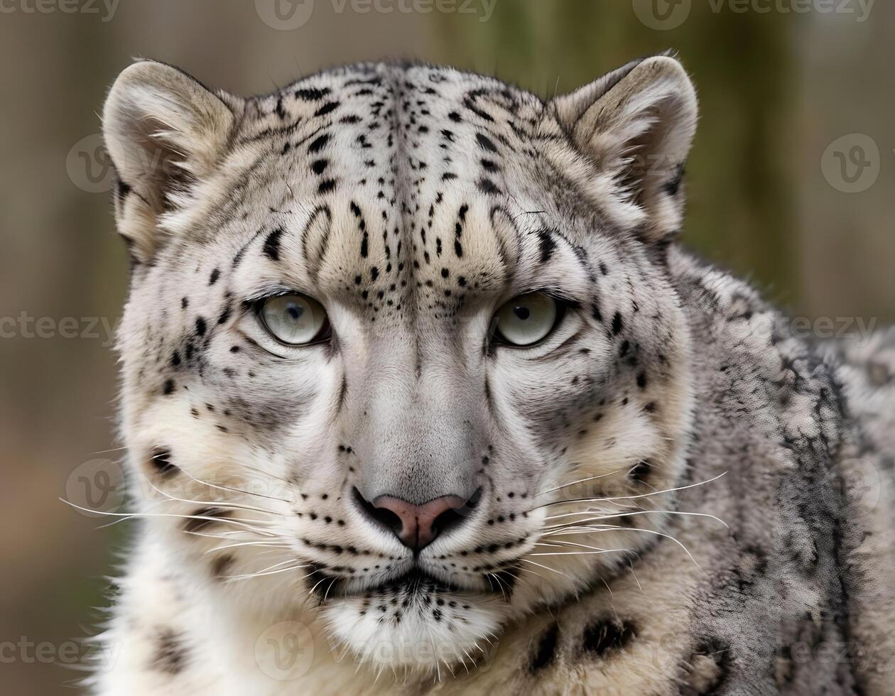 1 portrait of Snow leopard close-up in winter forest, wild life photo