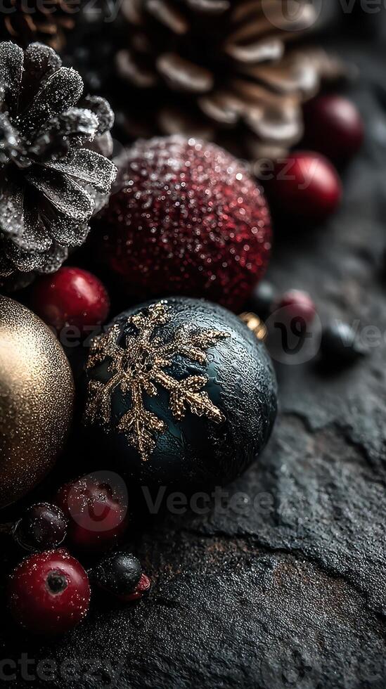Decorative ornaments and pinecones arranged on a rustic stone surface for holiday celebrations during winter season photo