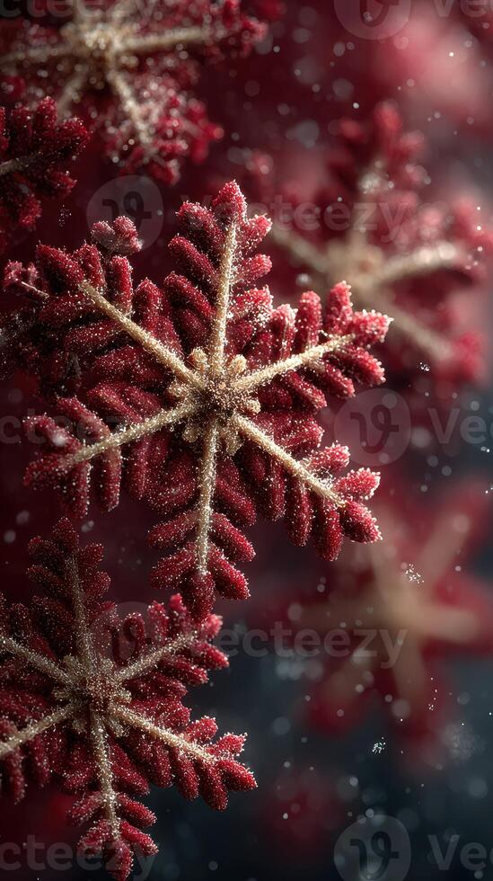 Delicate red snowflakes sparkle amidst soft falling snow, creating a winter wonderland atmosphere photo