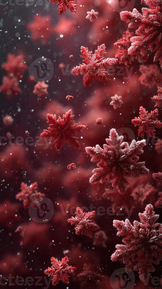 Vibrant red snowflakes cascading through a dark, enchanting background during a wintry scene photo