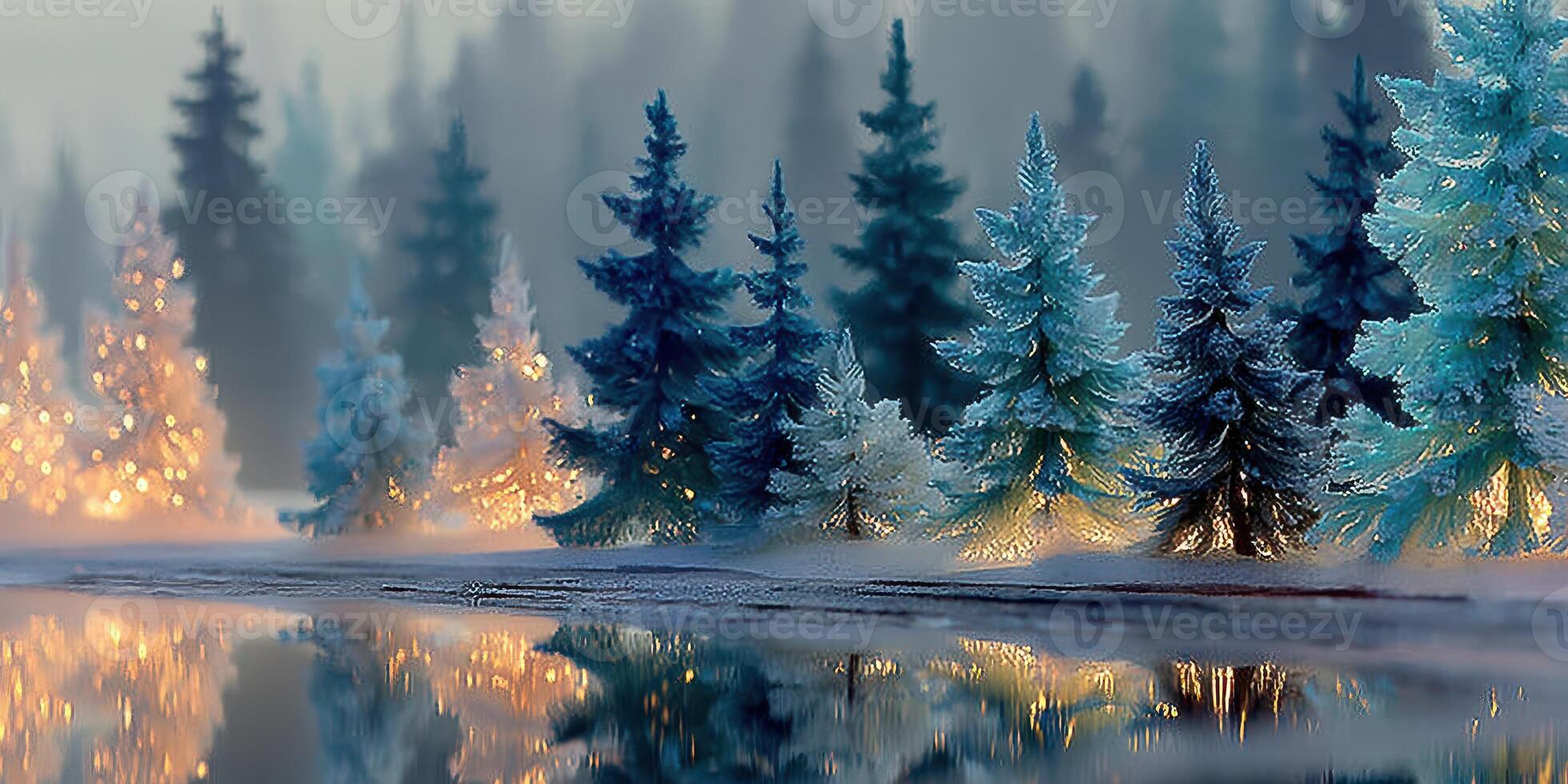Winter landscape with illuminated trees and mist reflecting on calm water at dawn photo