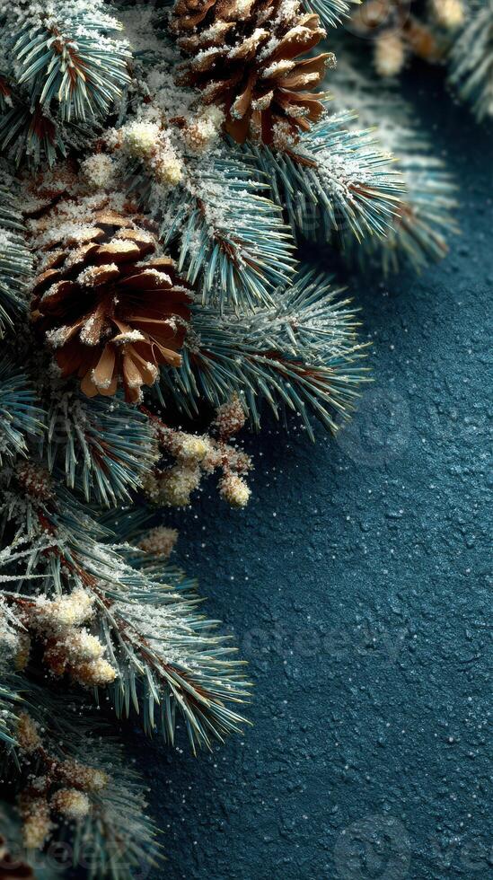 Snowy pine branches with pine cones creating a winter ambiance on a textured blue background photo