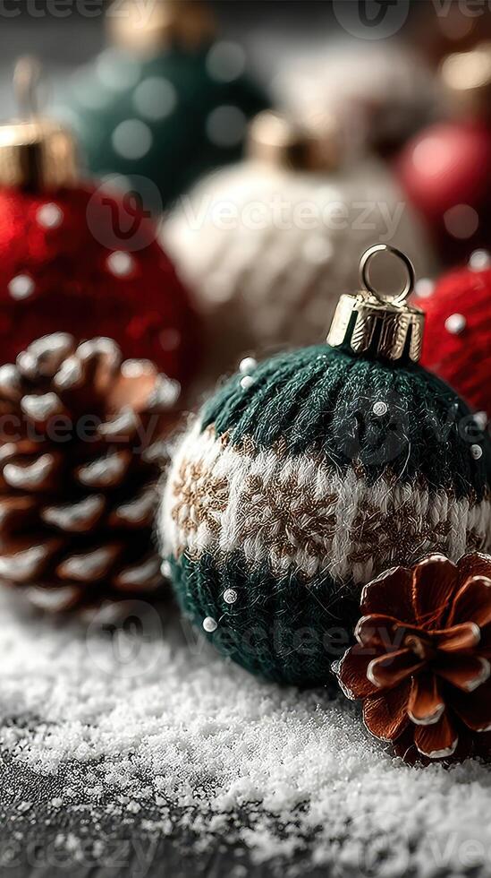 Holiday decorations feature colorful ornaments and pine cones resting on a snowy surface photo