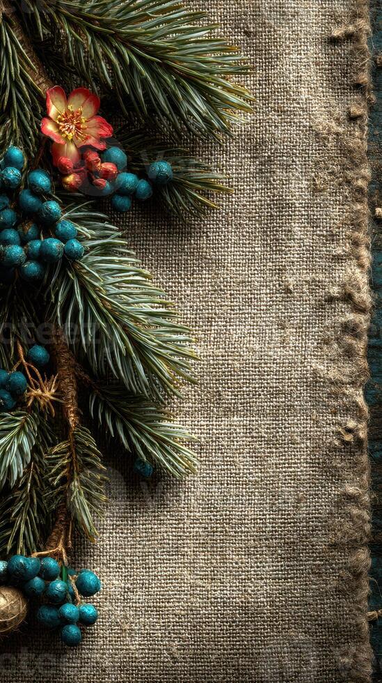 Decorative winter arrangement with pine branches, berries, and flowers on fabric background photo