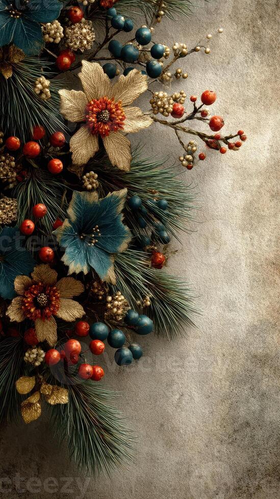 Floral arrangement featuring vibrant blue, red, and gold elements on a textured background for seasonal decor photo
